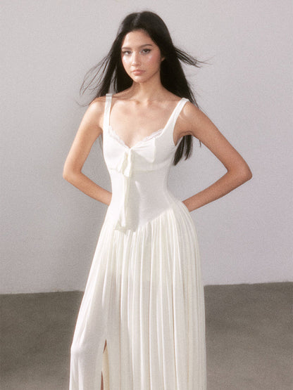 Lace Knit Spaghetti Strap Slit Long Dress
