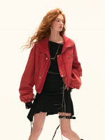 Red Utility Stand Collar Cropped Jacket