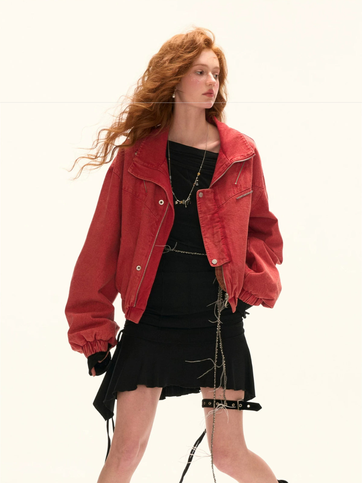 Red Utility Stand Collar Cropped Jacket