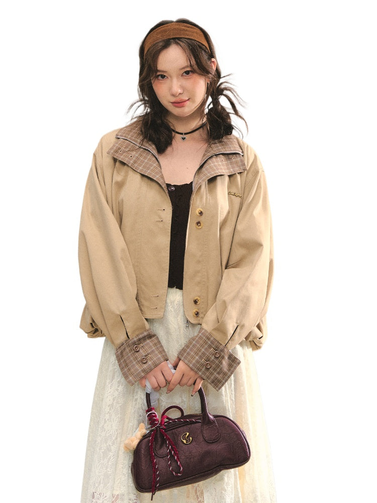 Two-piece Plaid Spliced Cocoon-shaped Trench Jacket