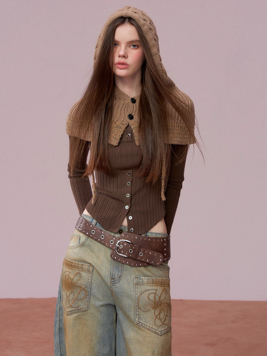 Brown Leather Buckle Cardigan &amp; Hooded Cape Set