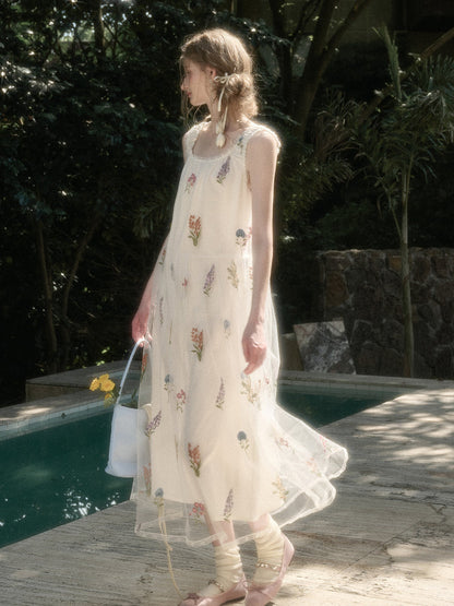 Gauze Flower Embroidered Double - Layer Sundress