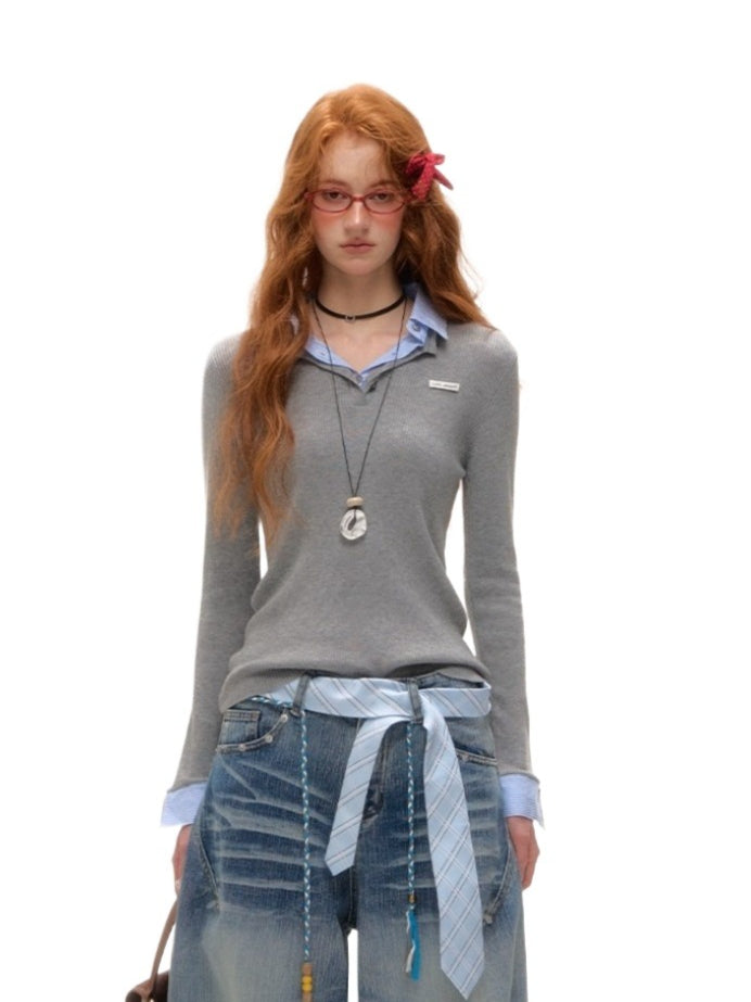 Blue & Gray Striped Knit Lapel Sweater