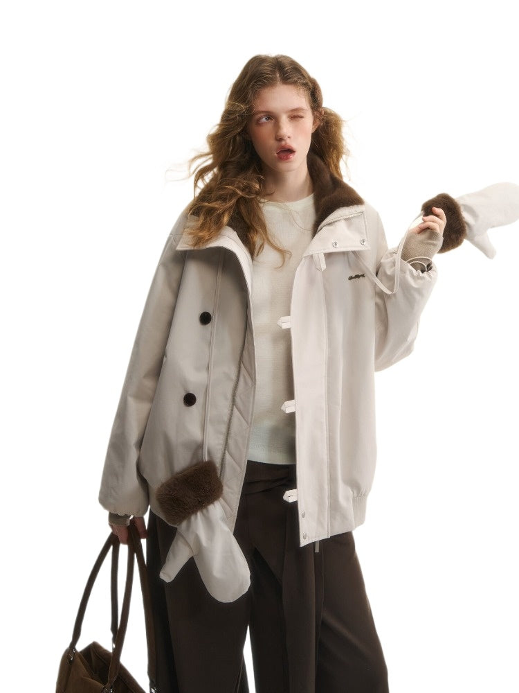 Beige Faux Mink Fur Jacket &amp; Gloves Set