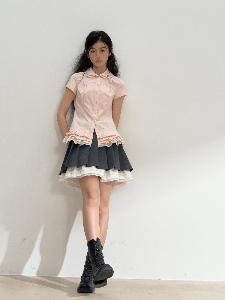 Pink Embroidered Collar Lace Shirt