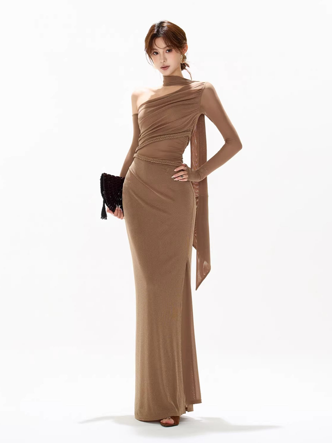 Braid Mesh One-Shoulder Maxi Dress
