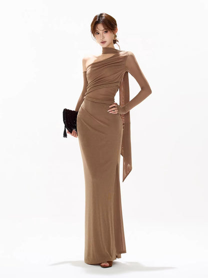 Braid Mesh One-Shoulder Maxi Dress