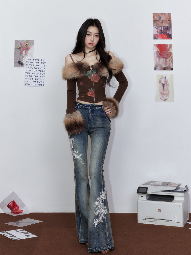 Faux Fur Gradient Knit Sweater with Fur Collar &amp; Skirt Set