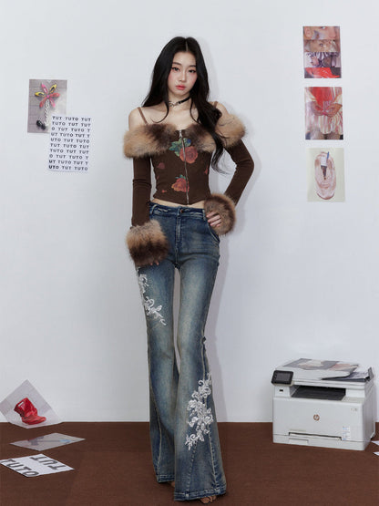Faux Fur Gradient Knit Sweater with Fur Collar &amp; Skirt Set
