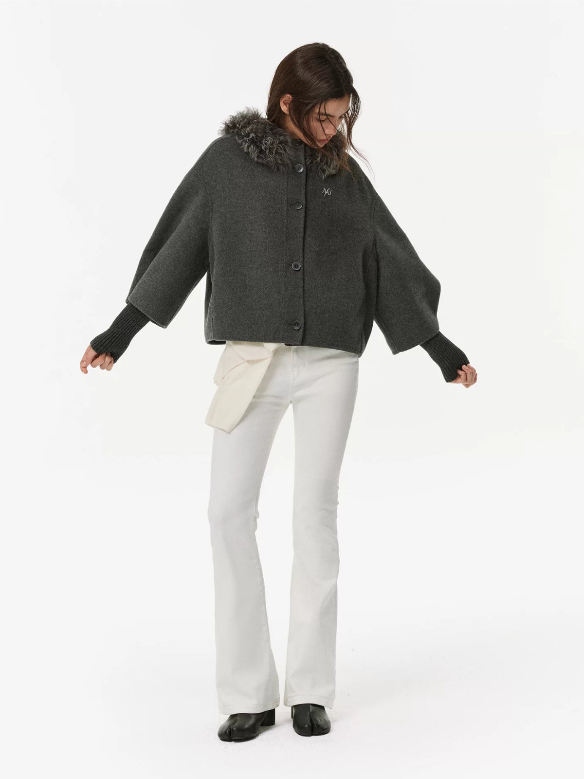 Shearling Collar Wool Cashmere Cape Coat