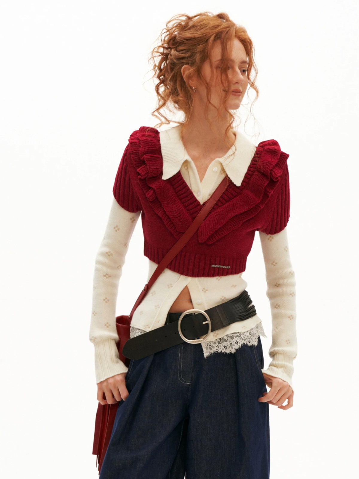 Soft Ruffle Trim V-Neck Cropped Knit Top