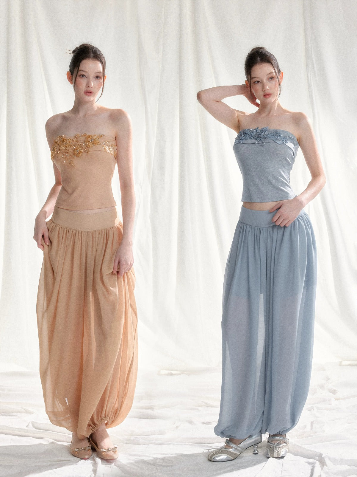 Floral Appliqué Bustier &amp; Mesh Pants Set