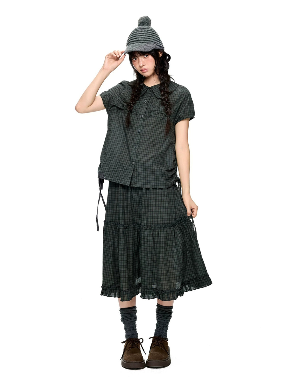 Polka Dot Collar Shirt &amp; Skirt Set