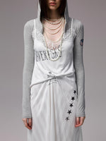 Satin Letter Print Spliced Lace Slip Midi Dress