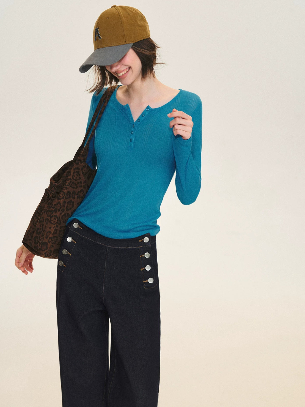 Ribbed Henley Long Sleeve Top