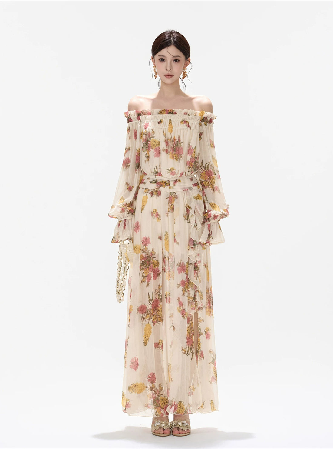 Floral Print Off Shoulder Chiffon Dress