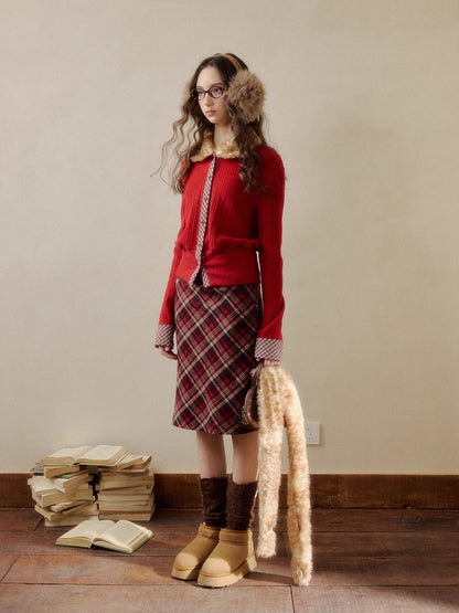 Fur-Collar Plaid Knit Cardigan