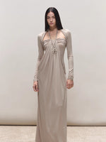 Khaki Lyocell Braided-Halter Ruched Dress Set