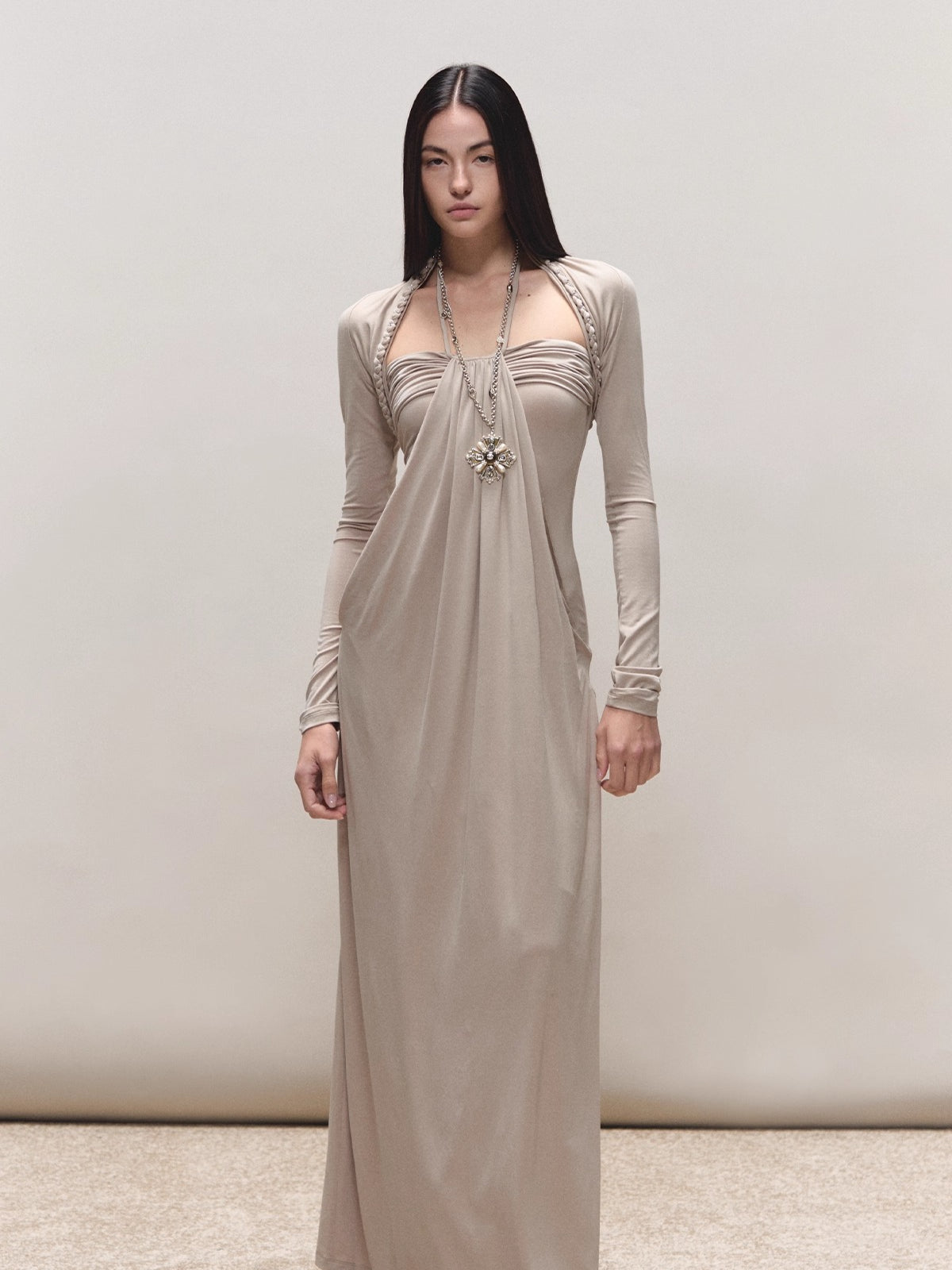 Khaki Lyocell Braided-Halter Ruched Dress Set