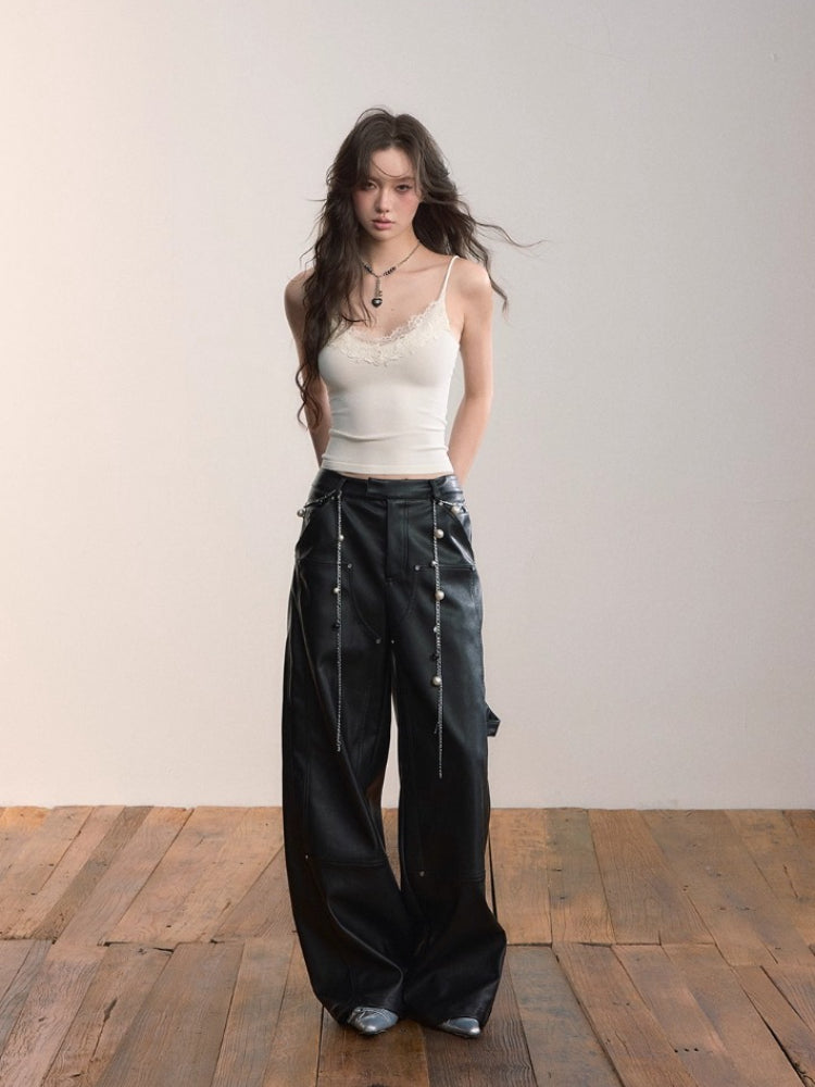 Strap &amp; Stud Detail PU Leather Pants