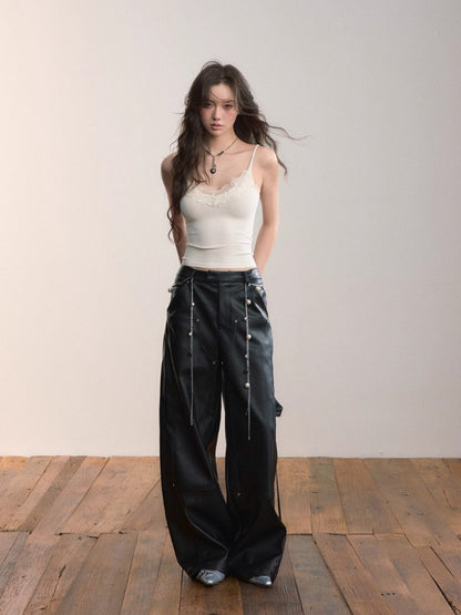 Strap &amp; Stud Detail PU Leather Pants