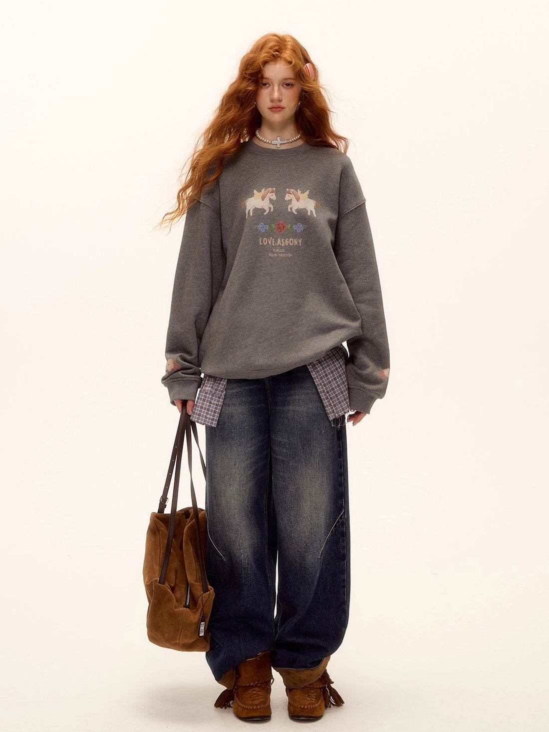 Floral Pony Print Fleece-Lined Pullover Sweatshirt