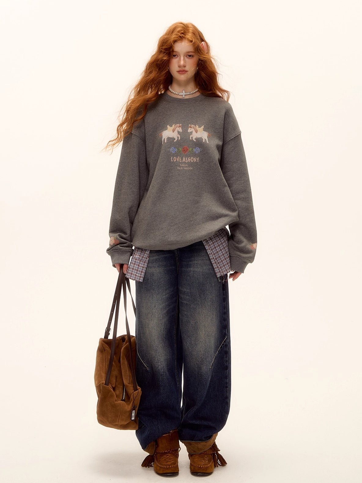 Floral Pony Print Fleece-Lined Pullover Sweatshirt