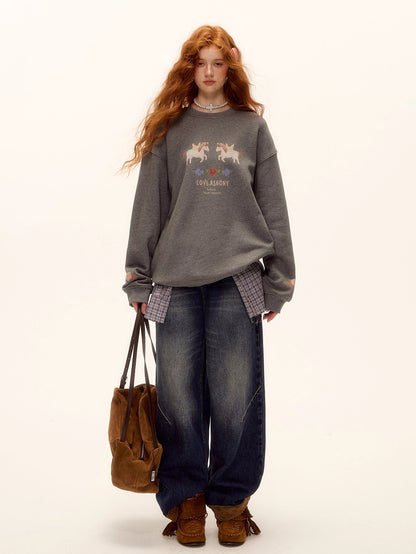 Floral Pony Print Fleece-Lined Pullover Sweatshirt