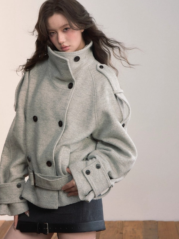 Contrast Double-Breasted Wool-Blend Coat