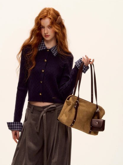 Plaid-Collar Cable Knit Top