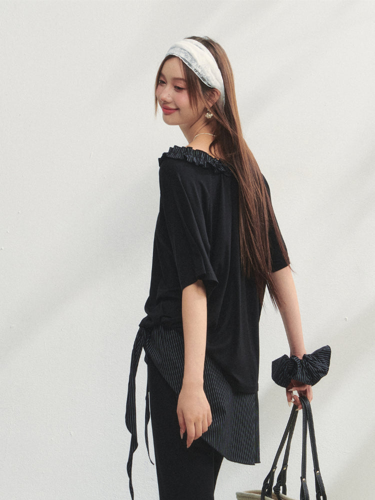 Checkered Asymmetric Shoulder Short-Sleeve T-Shirt &amp; Pants Set