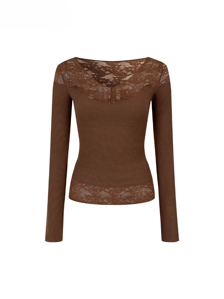 Lace-Trim V-Neck Long-Sleeve Knit Top