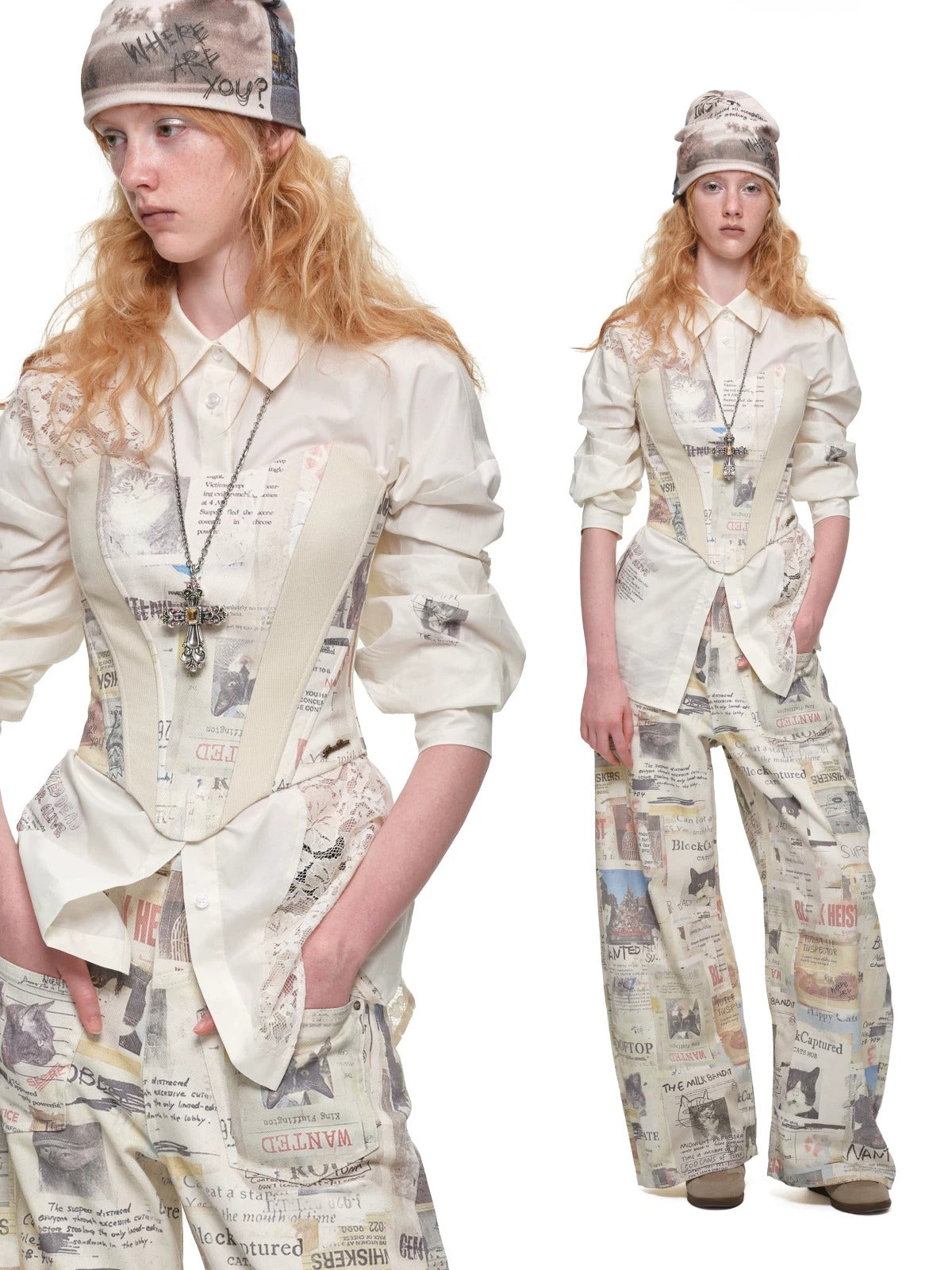Cat Newspaper Print Corset Top