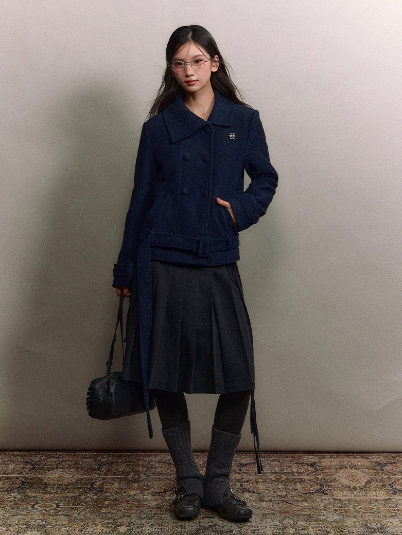 Diagonal Collar Double-Breasted Wool Coat