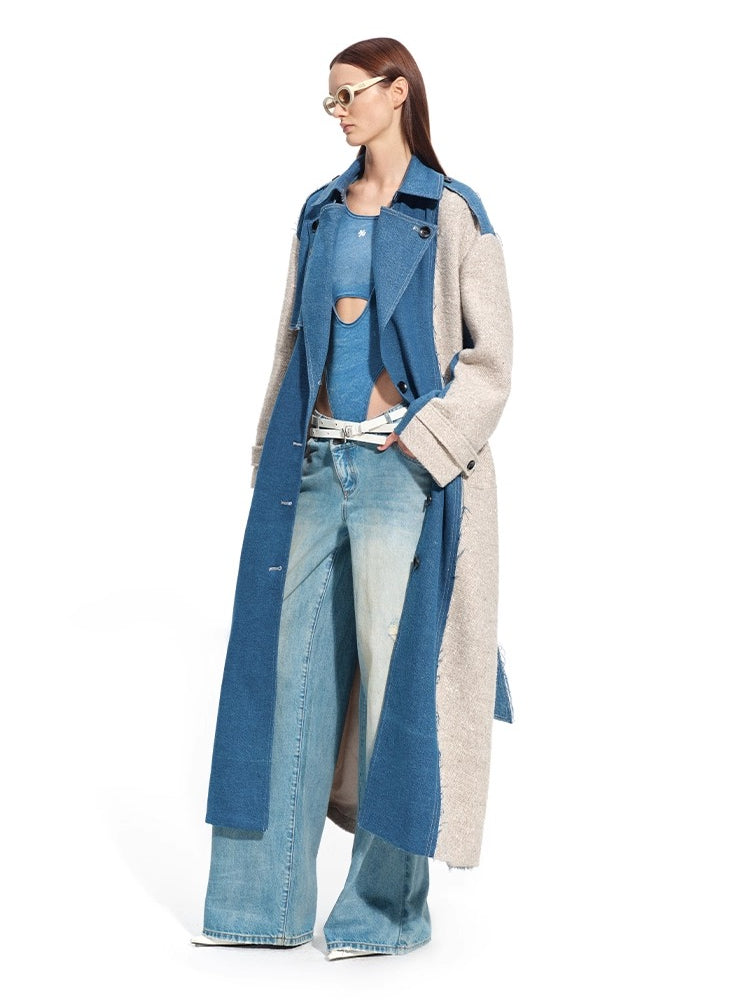 “Caracal Series” Washed Twill Patchwork Wool Denim Trench Coat