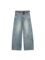 Washed Denim Curved-Cut Pants