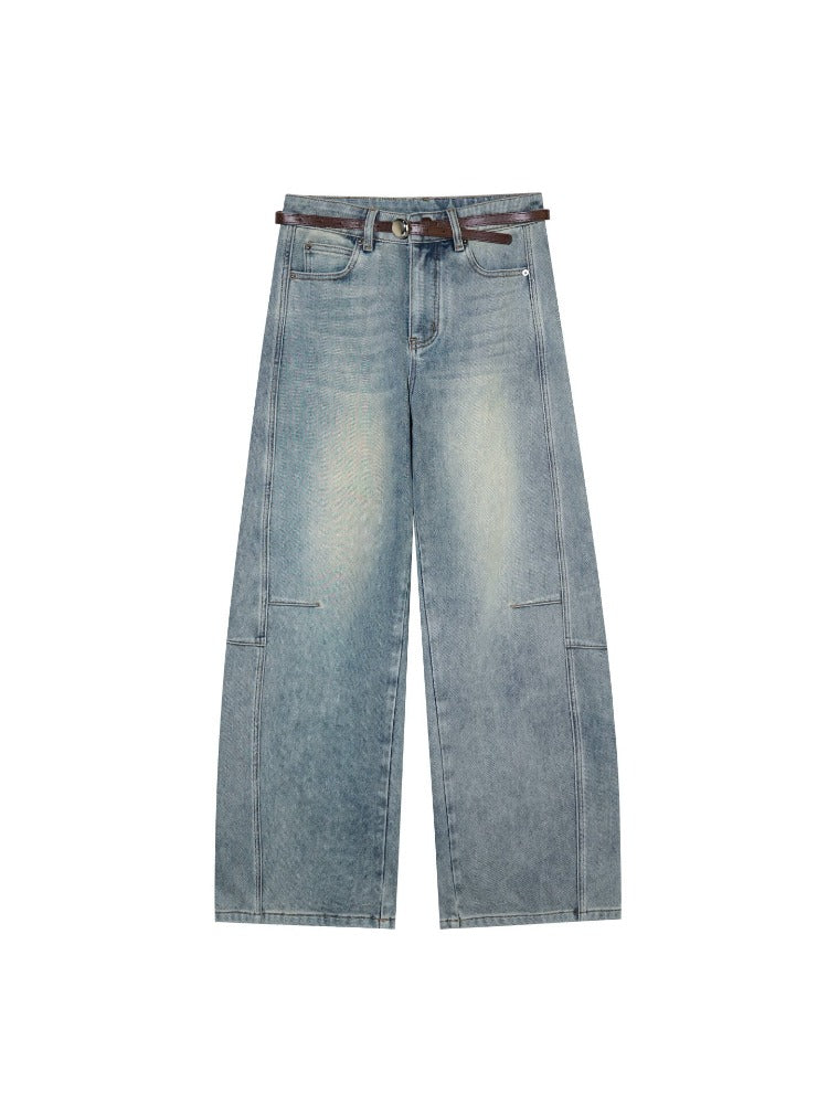Washed Denim Curved-Cut Pants