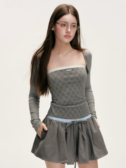 Contrast Lace-Trim Plaid Top Set