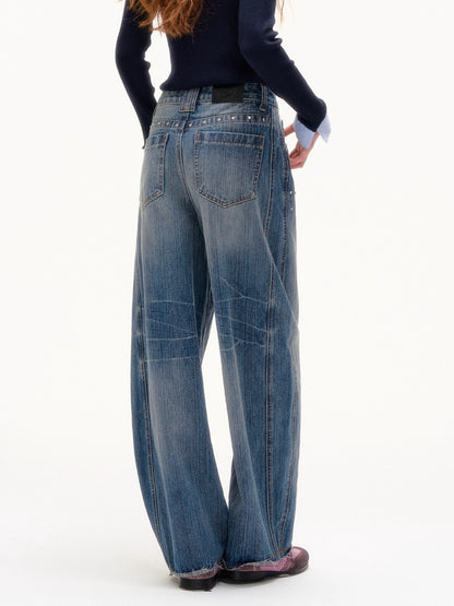Blue Vintage Studded Wide-Leg Jeans