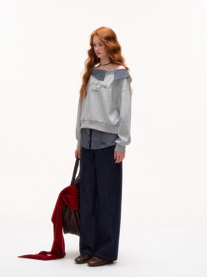 Plaid Embroidery Off-Shoulder Sweatshirt