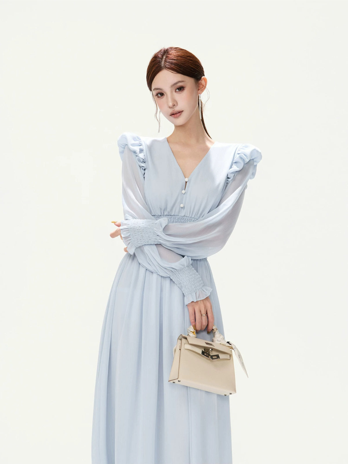 French Ruffle Chiffon Lantern Sleeve Dress