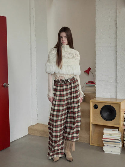 Cable Knit Fringed High-Neck Wool Blend Poncho