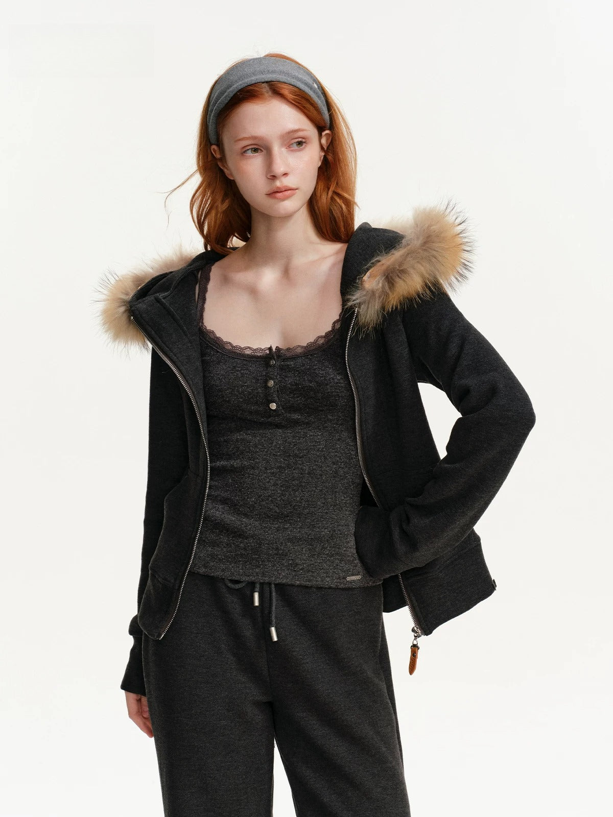 Detachable Fur Collar Tracksuit Set