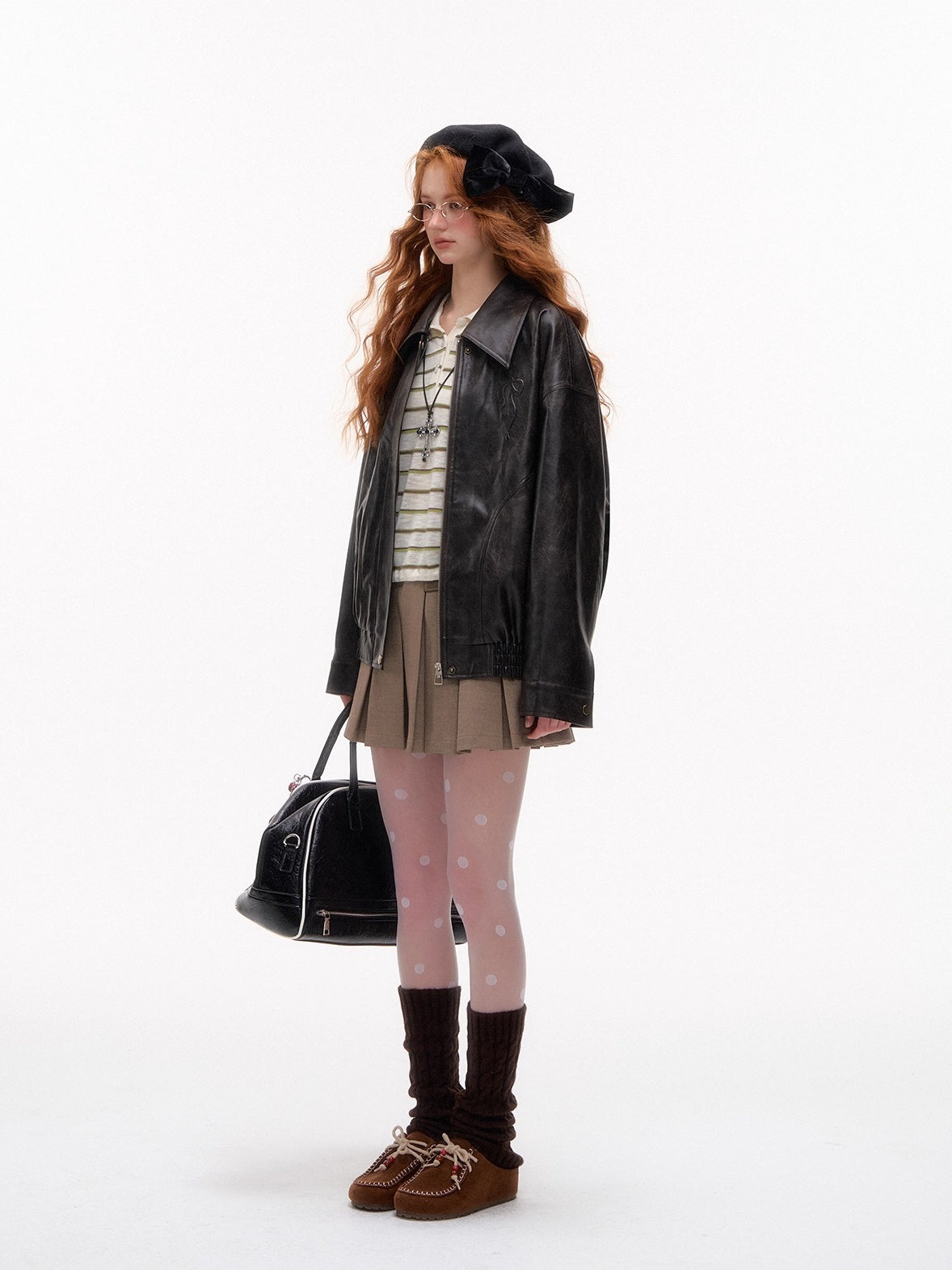 Vintage Bow Embossed Leather Jacket