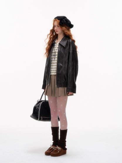 Vintage Bow Embossed Leather Jacket