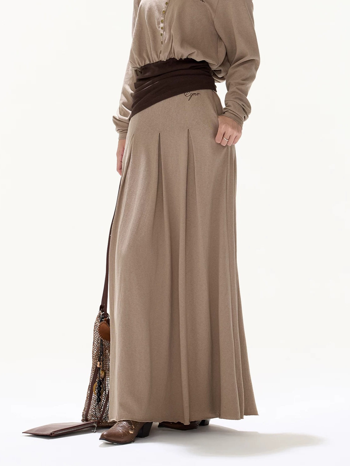 Khaki Off Shoulder Draped Top &amp; Skirt Set