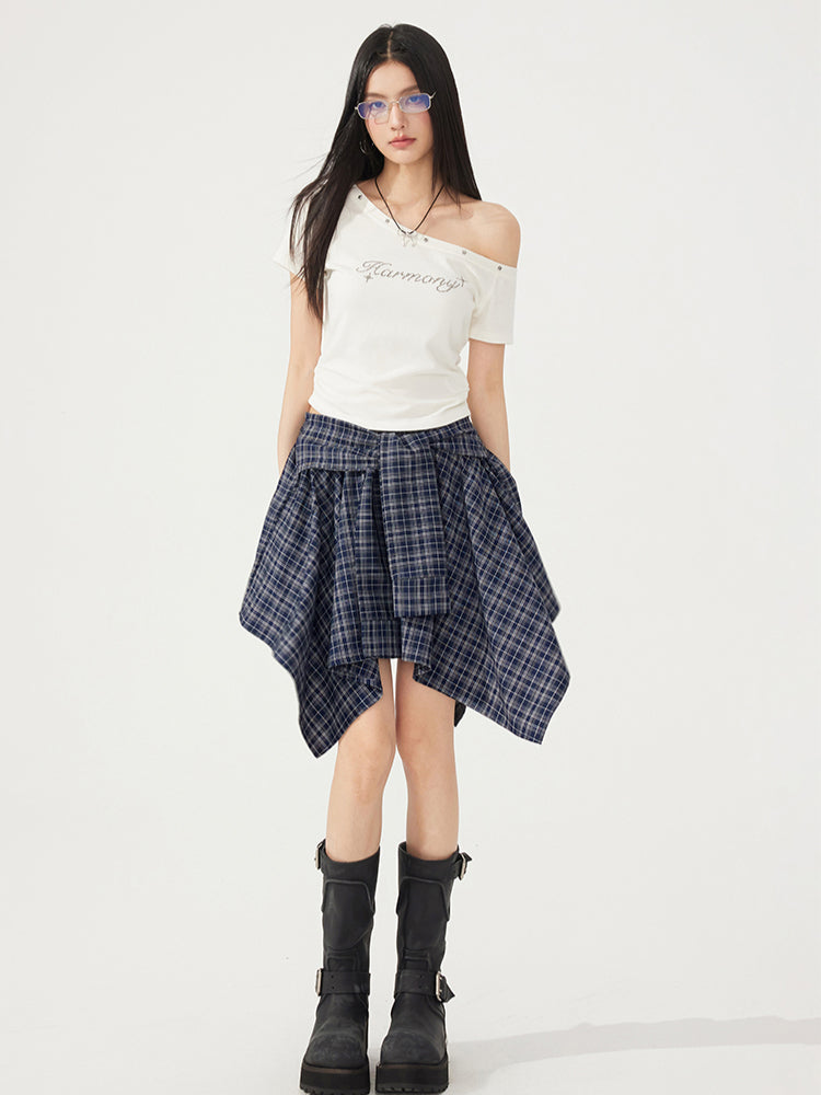 Plaid Tie Up Irregular Shirt Skirt