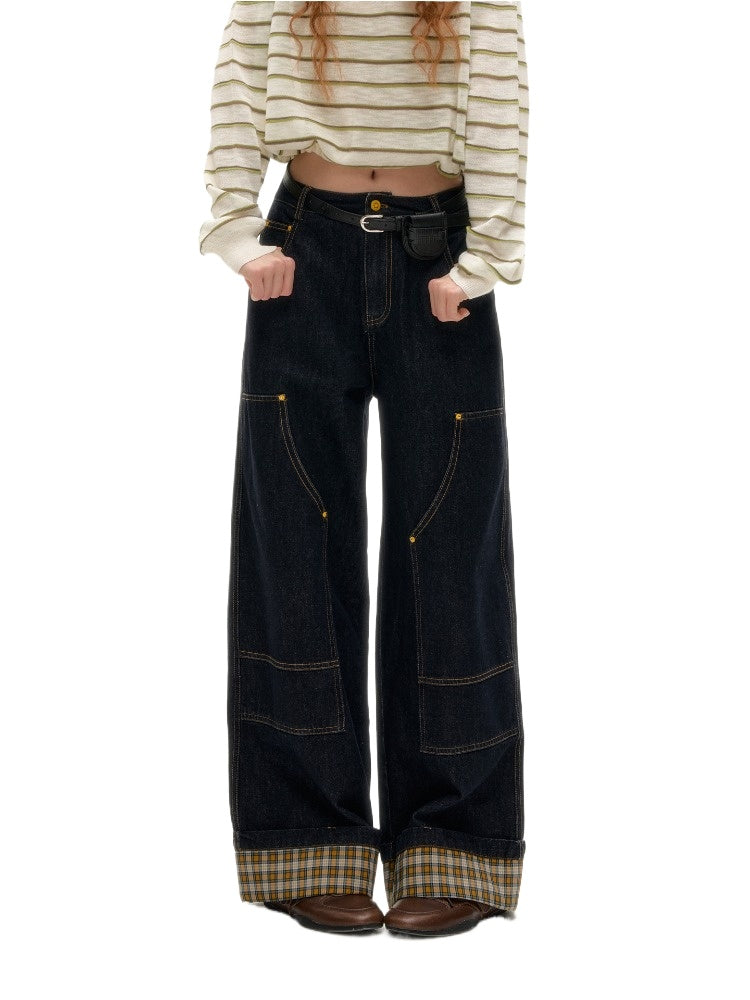 Yellow & Red Plaid Hem Denim Pants