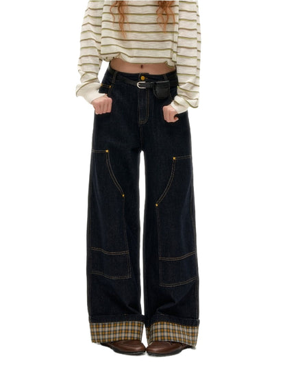 Yellow &amp; Red Plaid Hem Denim Pants