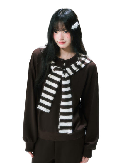Brown Stripe Hooded Faux Two-piece Sweatshirt
